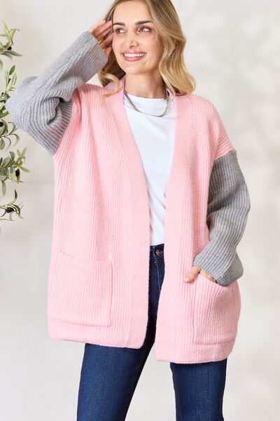 BiBi Contrast Open Front Cardigan with Pockets |1mrk.com