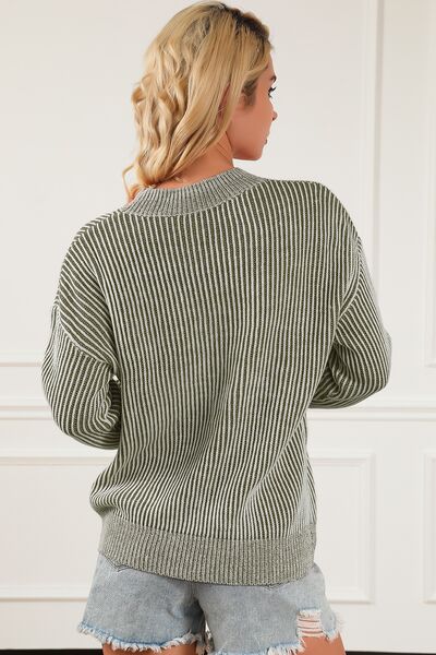 Striped Mock Neck Dropped Shoulder Sweater |1mrk.com