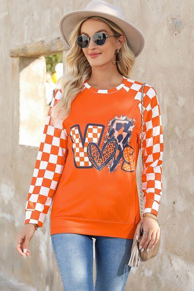 Checkered Round Neck Long Sleeve Sweatshirt |1mrk.com