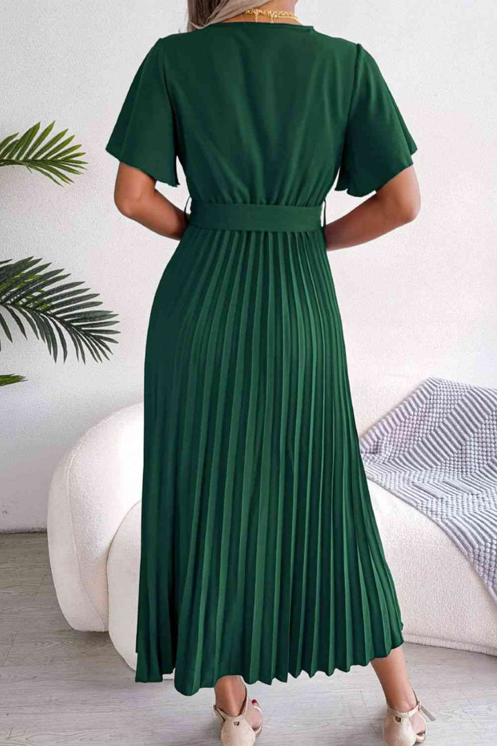 Pleated Flutter Sleeve Belted Dress | 1mrk.com