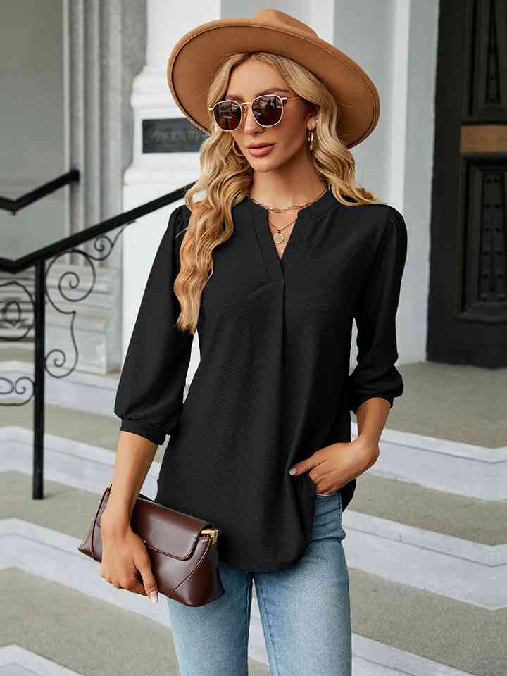 Notched Neck Three-Quarter Sleeve Blouse | 1mrk.com