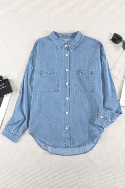 Pocketed Button Up Collared Neck Denim Top | 1mrk.com