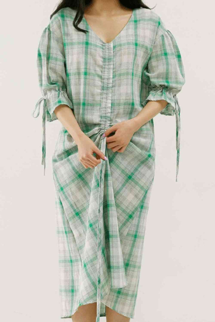 Plus Size Plaid Drawstring Detail Flounce Sleeve Dress |1mrk.com