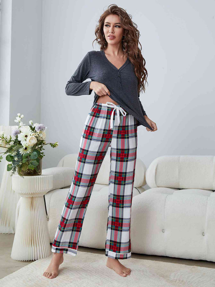 Buttoned Long Sleeve Top and Plaid Pants Lounge Set | 1mrk.com