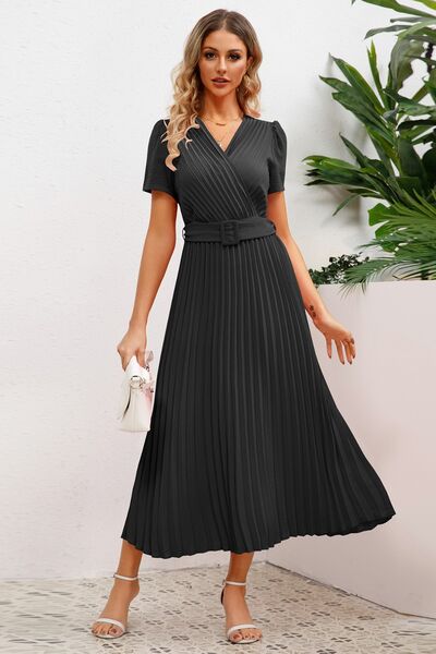 Pleated Surplice Short Sleeve Midi Dress |1mrk.com