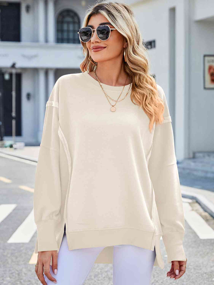 Exposed Seam High-Low Round Neck Sweatshirt |1mrk.com