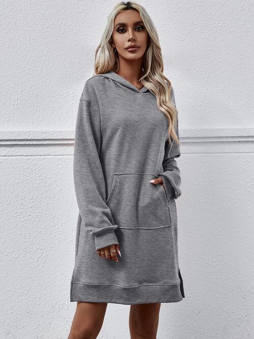 Slit Long Sleeve Hooded Dress with Pocket | 1mrk.com