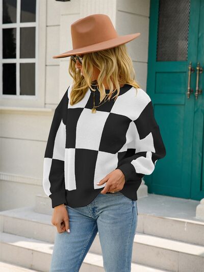 Checkered Round Neck Dropped Shoulder Sweater |1mrk.com