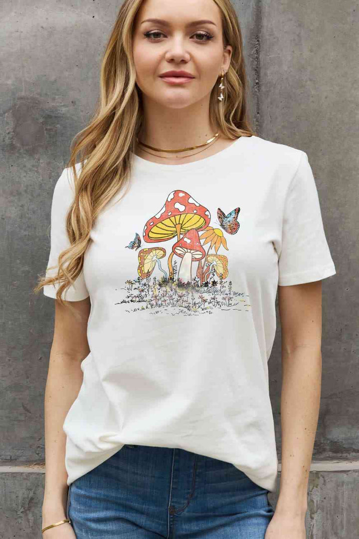 Simply Love Full Size Mushroom & Butterfly Graphic Cotton T-Shirt | 1mrk.com