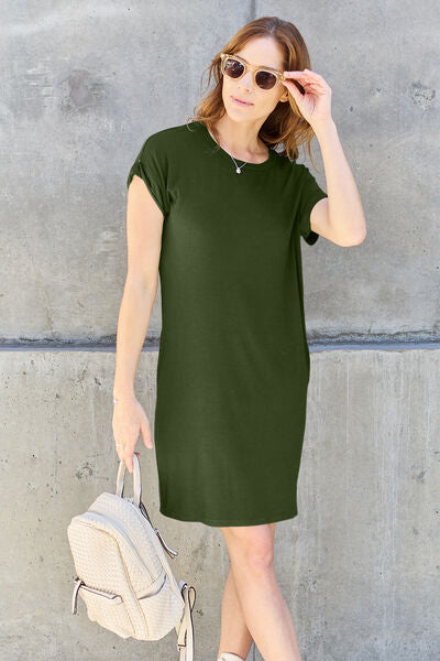 Basic Bae Full Size Round Neck Short Sleeve Dress with Pockets |1mrk.com