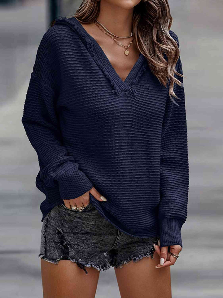 Ribbed Fringed V-Neck Hooded Sweater |1mrk.com