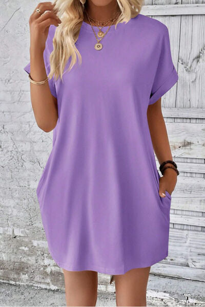 Pocketed Round Neck Short Sleeve Dress |1mrk.com