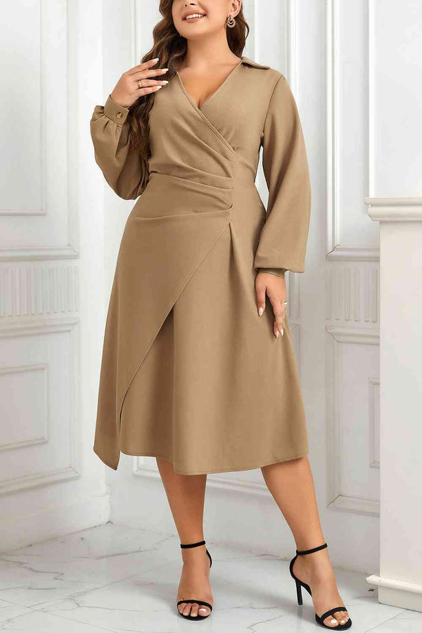 Plus Size Surplice Neck Long Sleeve Dress |1mrk.com