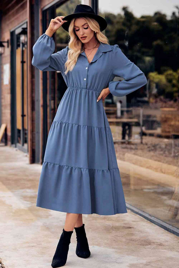 Collared Neck Long Sleeve Midi Dress |1mrk.com