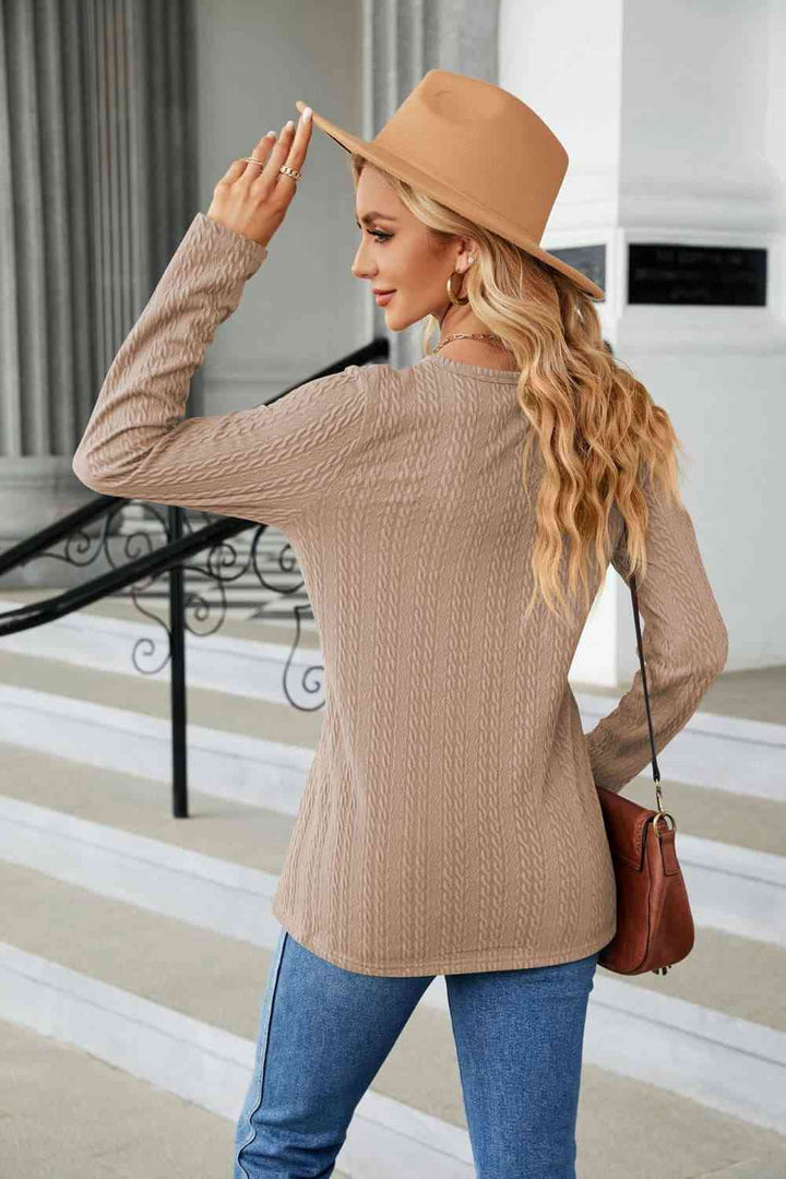 Cable-Knit Long Sleeve V-Neck T-Shirt | 1mrk.com