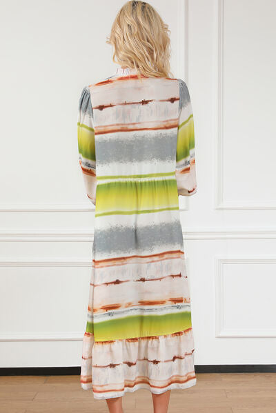 Striped Half Button Smocked Long Sleeve Ruffle Hem Dress | 1mrk.com