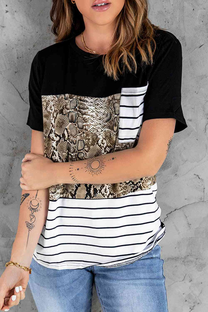 Mixed Print Color Block Round Neck Tee Shirt | 1mrk.com