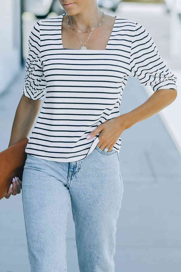 Striped Half Puff Sleeve Square Neck T-Shirt | 1mrk.com