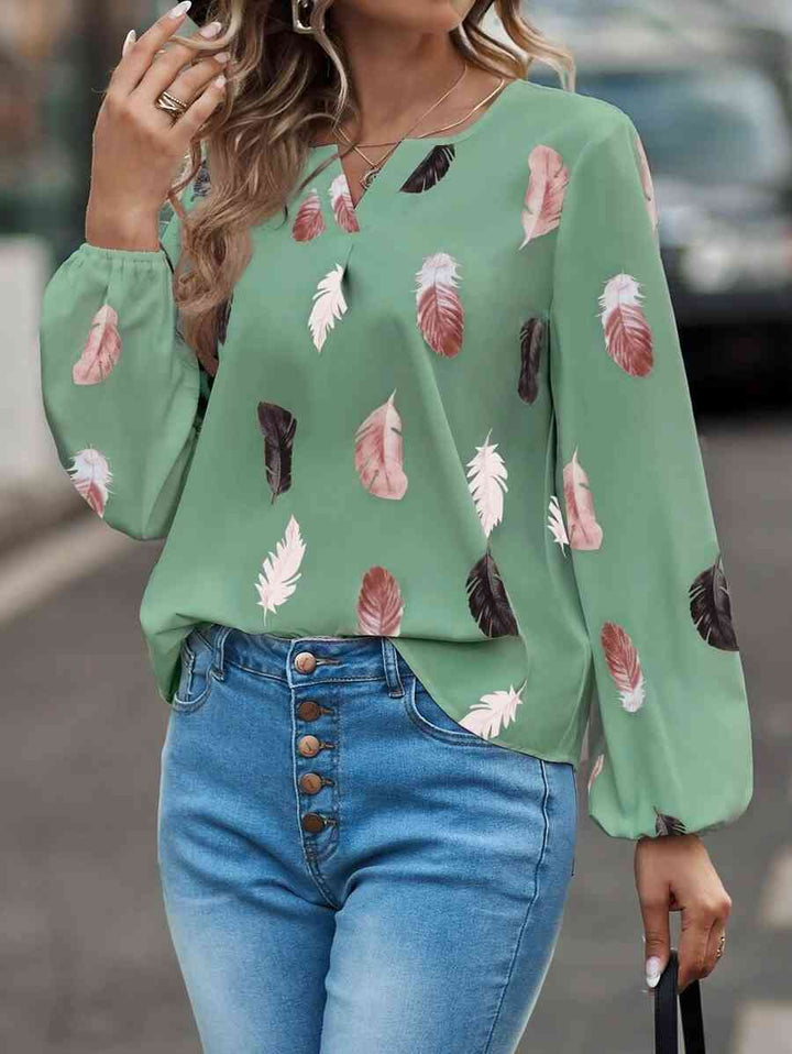 Printed Notched Neck Long Sleeve Blouse | 1mrk.com