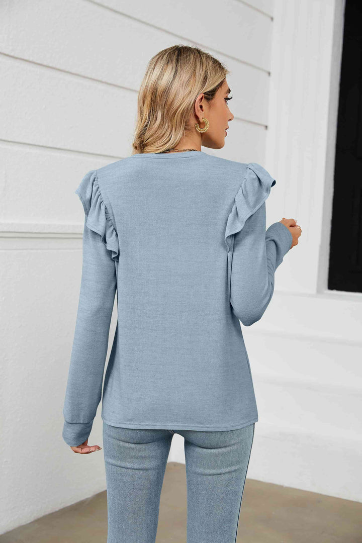 Ruffle Shoulder Long Sleeve T-Shirt | 1mrk.com