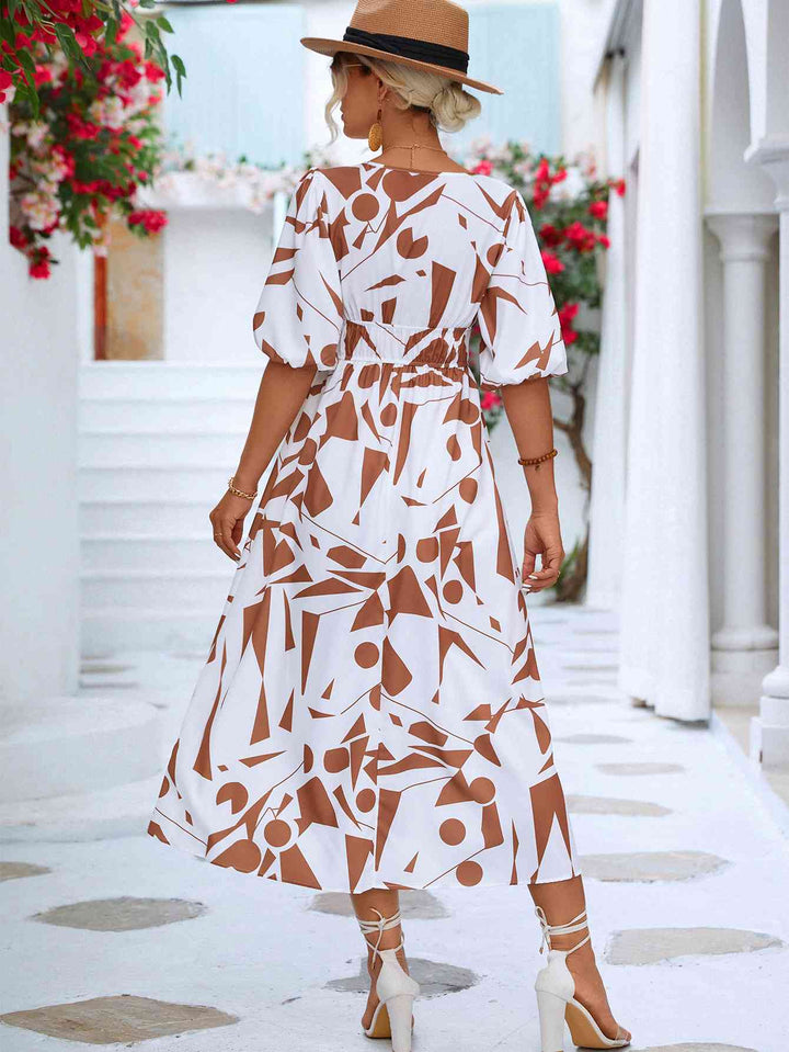 Printed Surplice Balloon Sleeve Dress |1mrk.com