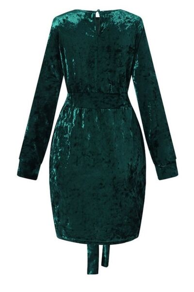 Tied Round Neck Long Sleeve Dress |1mrk.com