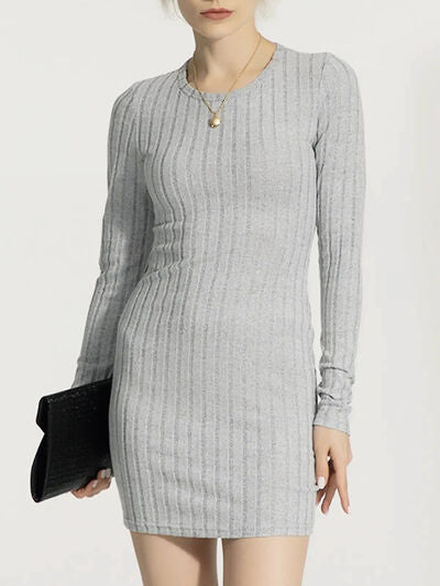 Ribbed Round Neck Long Sleeve Slim Dress |1mrk.com