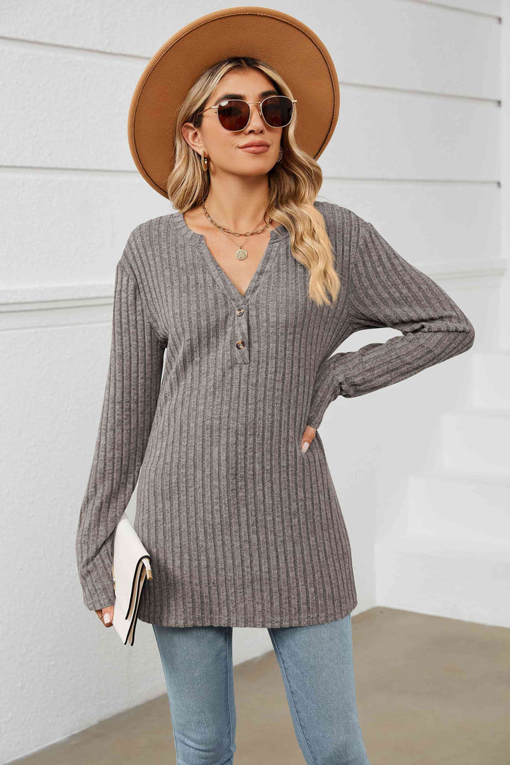 Notched Neck Ribbed Long Sleeve T-Shirt | 1mrk.com