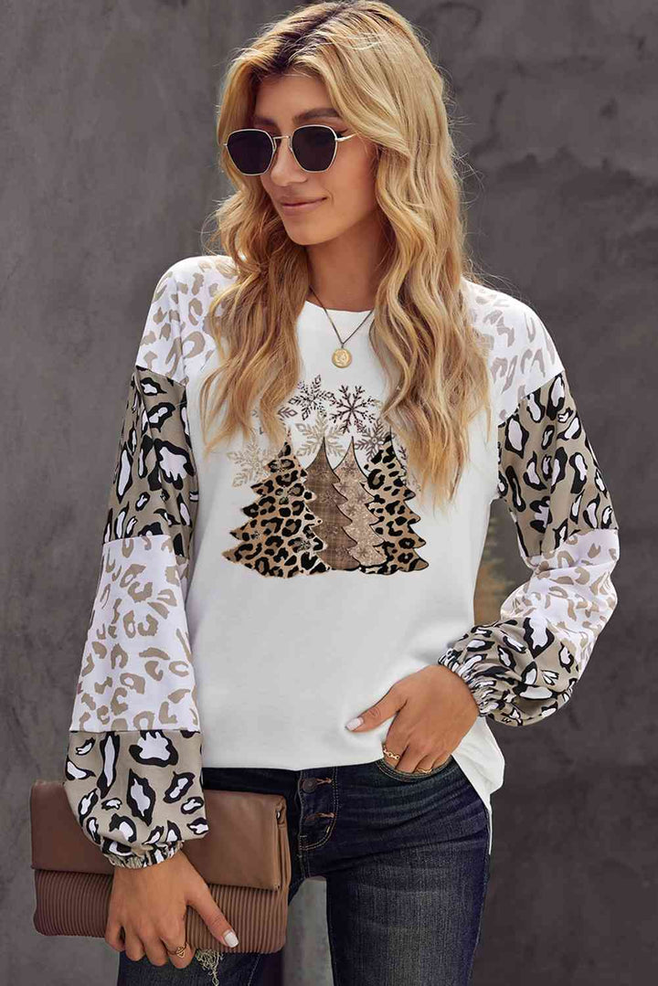 Leopard Round Neck Dropped Shoulder Sweatshirt |1mrk.com