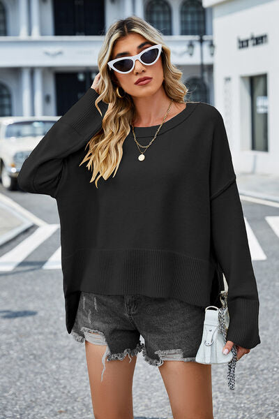 High-Low Slit Round Neck Long Sleeve Sweater | Trendsi