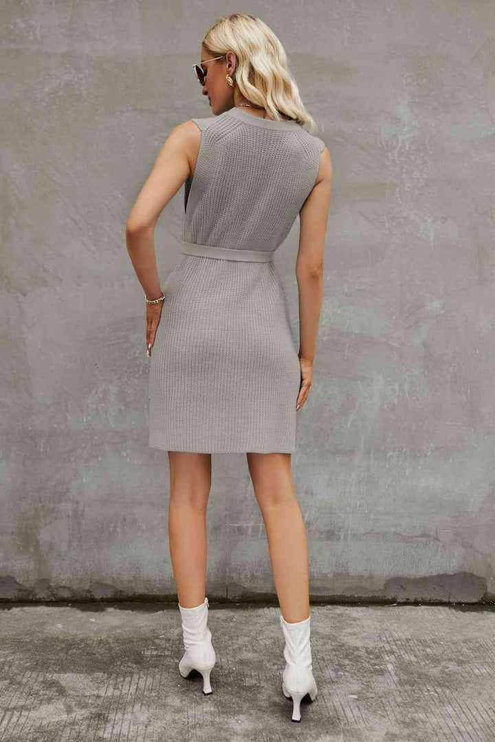 Round Neck Slit Sleeveless Sweater Dress | 1mrk.com