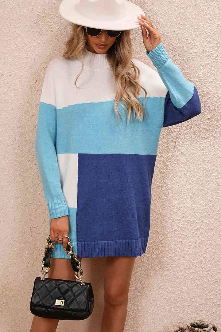 Color Block Mock Neck Dropped Shoulder Sweater Dress | 1mrk.com