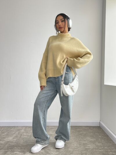 Turtleneck Dropped Shoulder Sweater | Trendsi