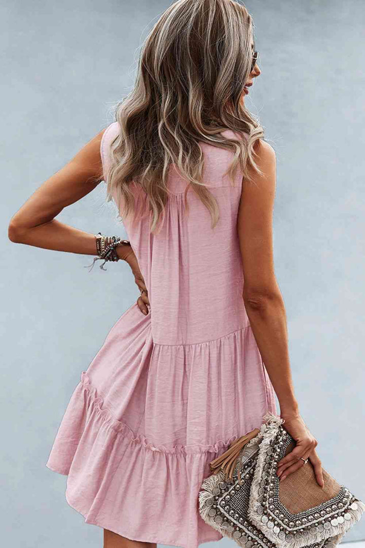 Frill Trim Notched Sleeveless Tiered Dress |1mrk.com