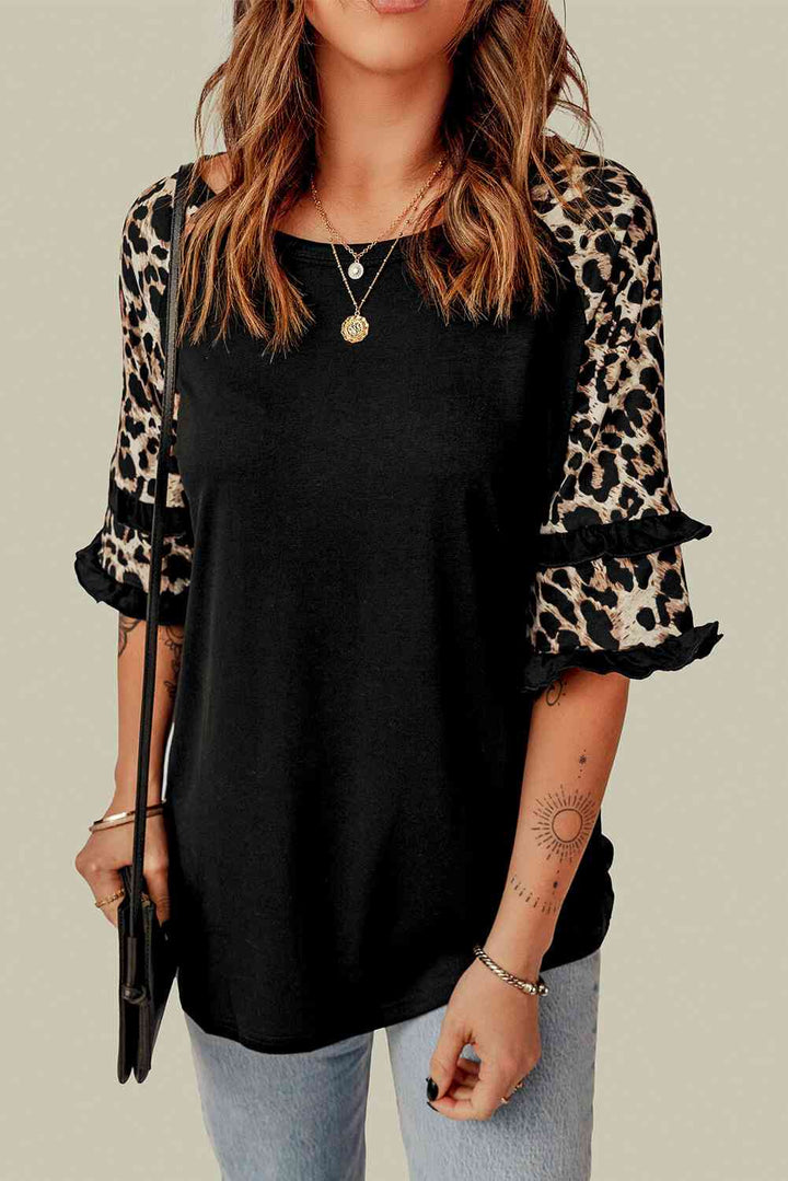 Leopard Contrast Ruffled Top | 1mrk.com