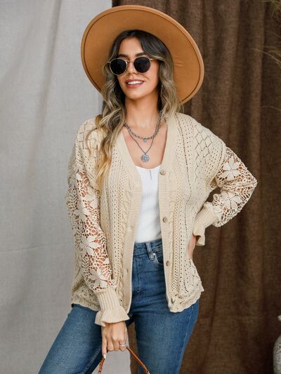 Eyelet Button Up Lantern Sleeve Cardigan |1mrk.com