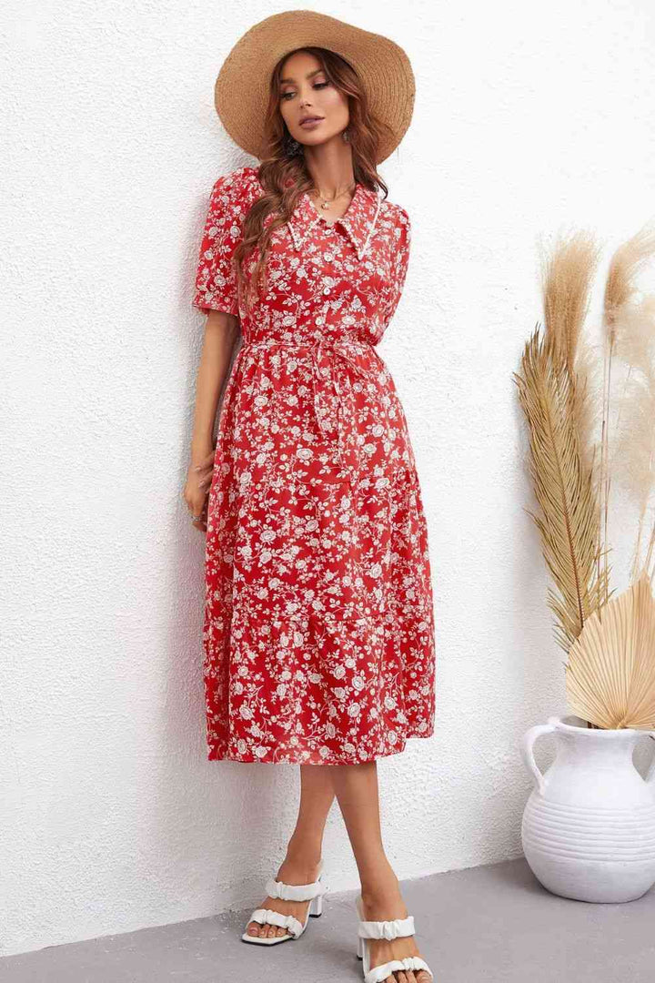 Floral Tie Waist Puff Sleeve Midi Dress |1mrk.com