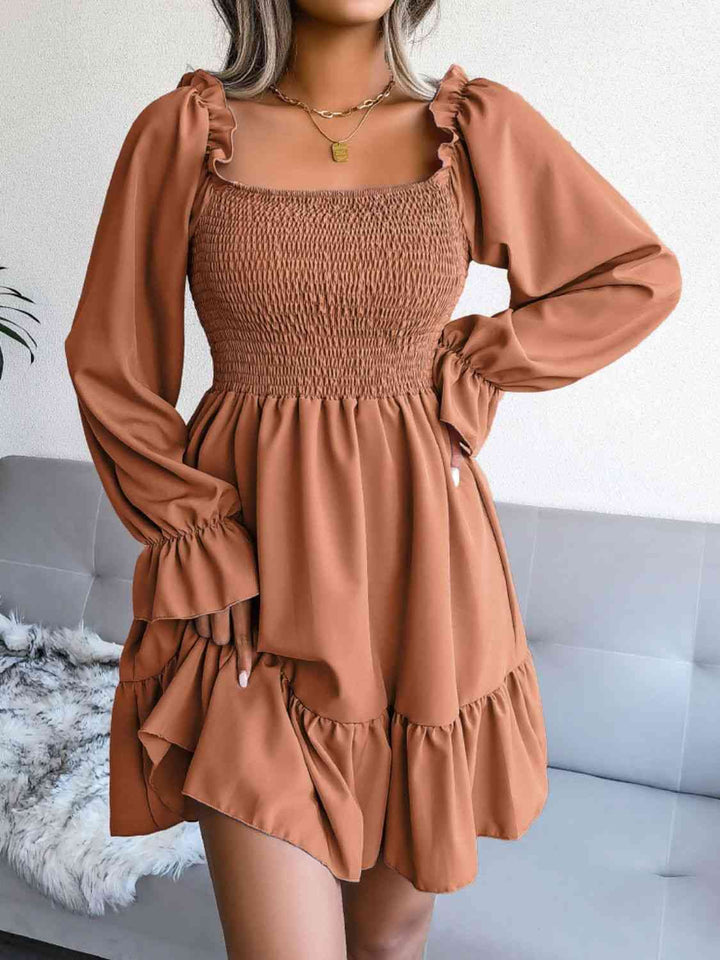 Smocked Flounce Sleeve Square Neck Dress |1mrk.com