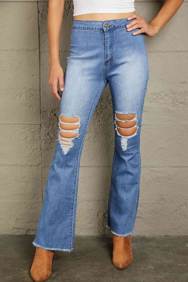 Baeful Distressed Raw Hem High-Waist Flare Jeans | 1mrk.com