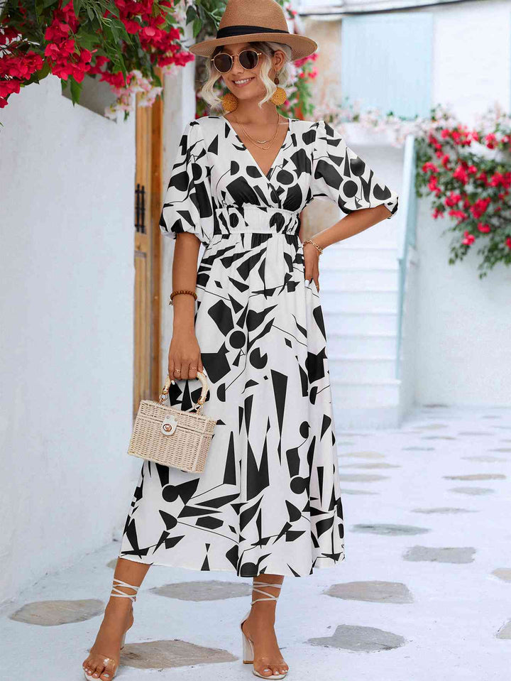 Printed Surplice Balloon Sleeve Dress |1mrk.com