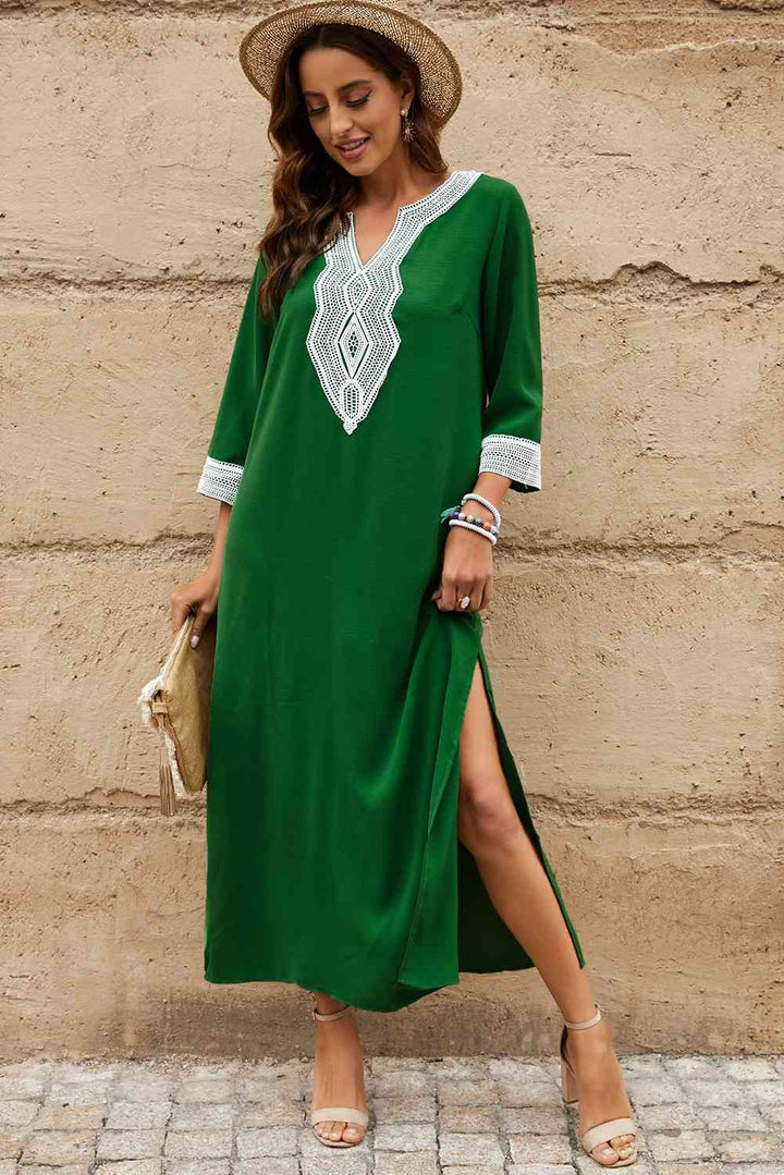 Contrast Lace Trim Three-Quarter Sleeve Split Dress |1mrk.com