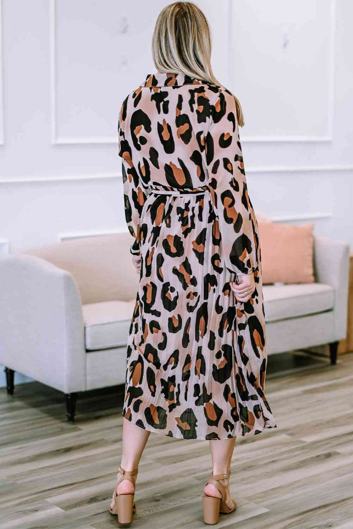 Plus Size Leopard Print Surplice Neck Long Sleeve Midi Dress |1mrk.com