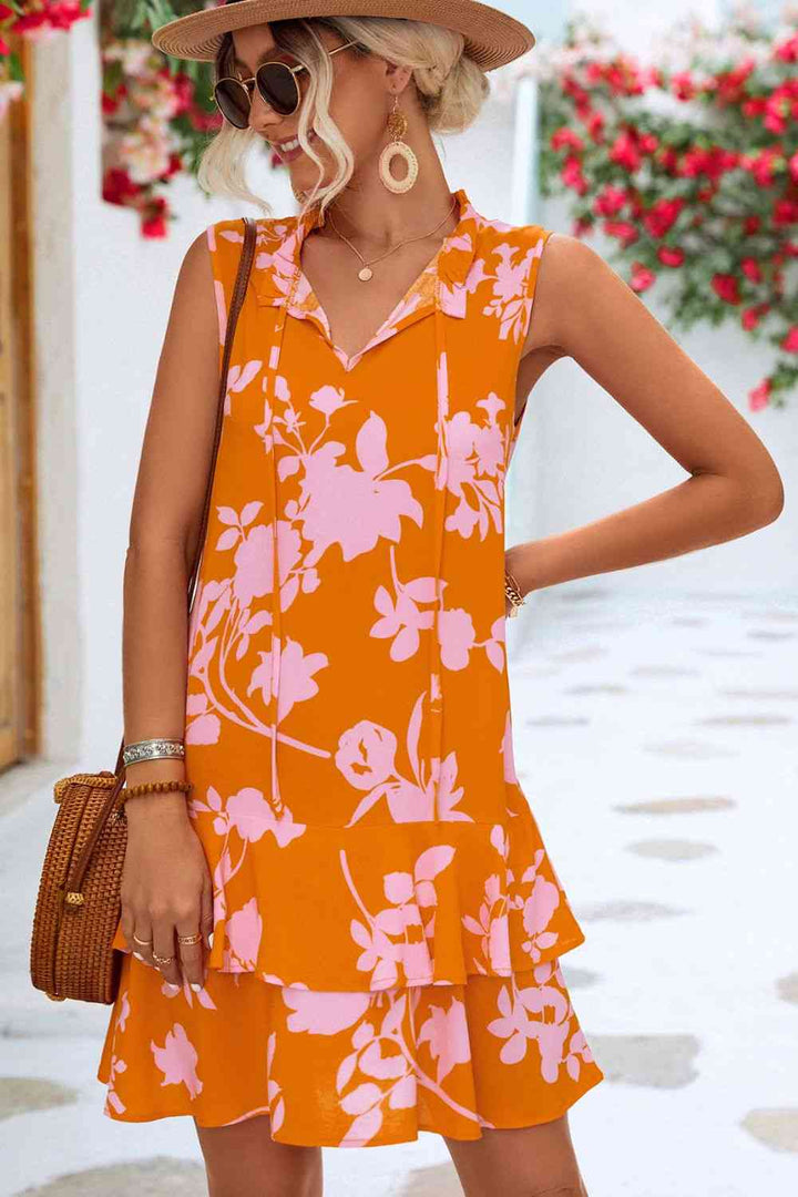 Floral Tie Neck Sleeveless Layered Dress |1mrk.com