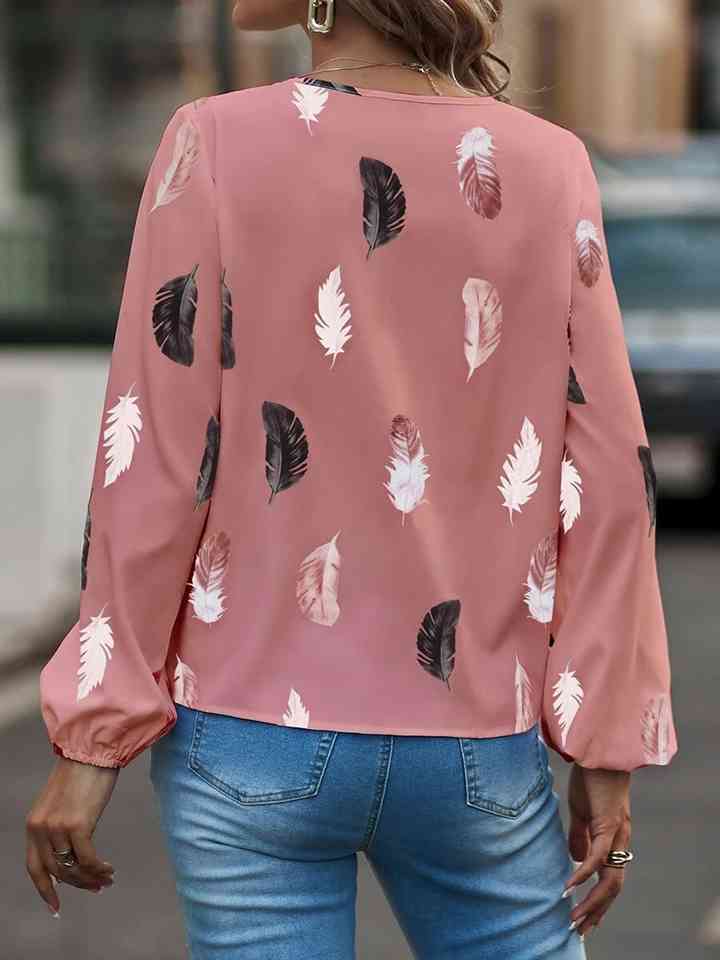 Printed Notched Neck Long Sleeve Blouse | 1mrk.com