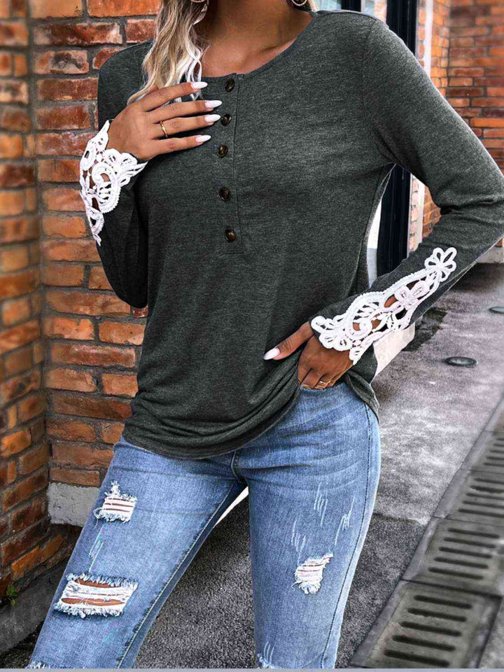Spliced Lace Half Button Long Sleeve T-Shirt | 1mrk.com