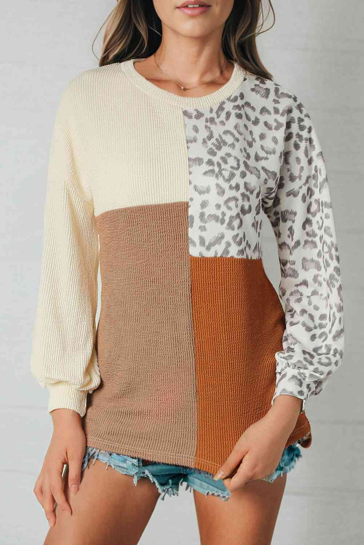 Leopard Patchwork Long Sleeve Top |1mrk.com