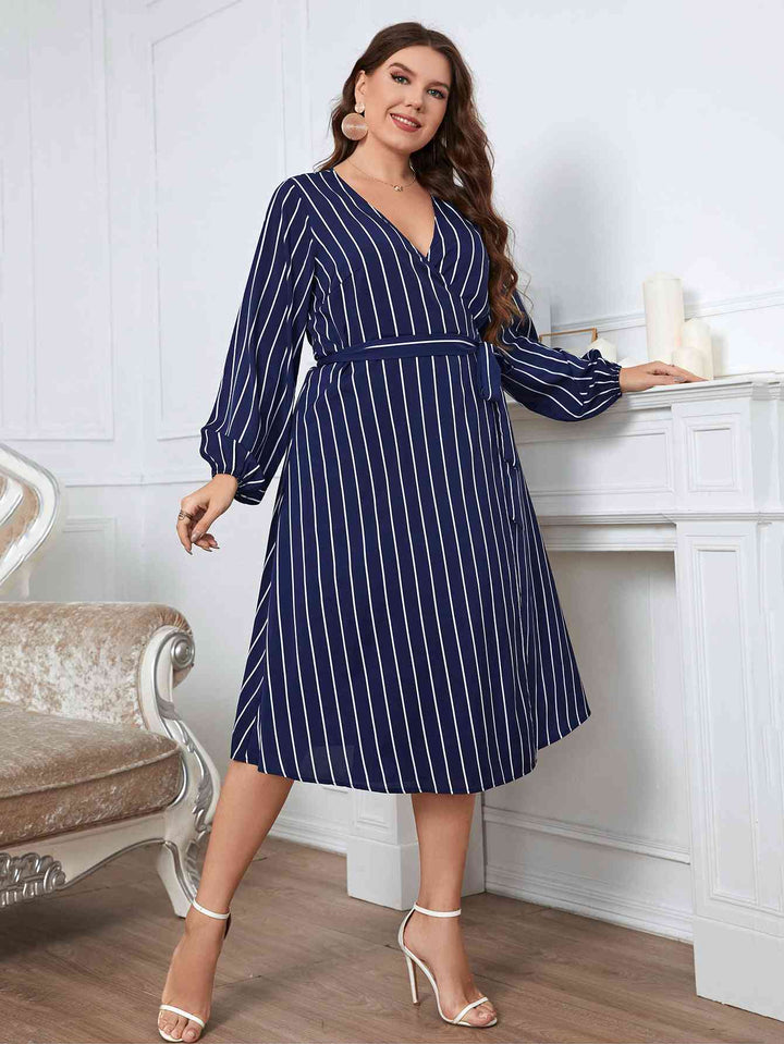 Melo Apparel Plus Size Striped Surplice Neck Long Sleeve Dress |1mrk.com