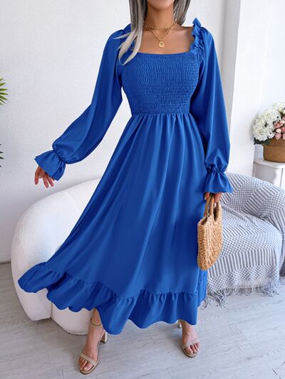 Smocked Square Neck Flounce Sleeve Dress |1mrk.com