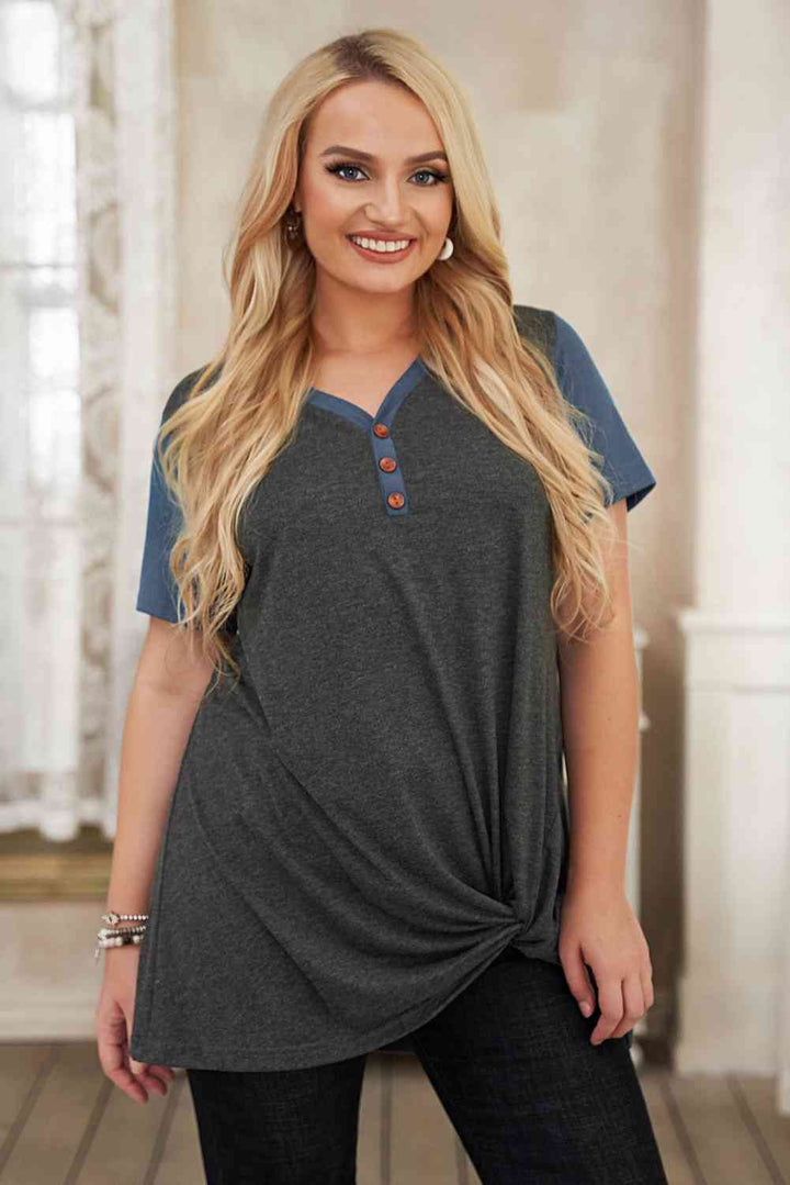 Plus Size Contrast Twisted Henley Tee | 1mrk.com