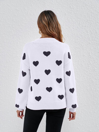 Heart Round Neck Dropped Shoulder Sweater |1mrk.com